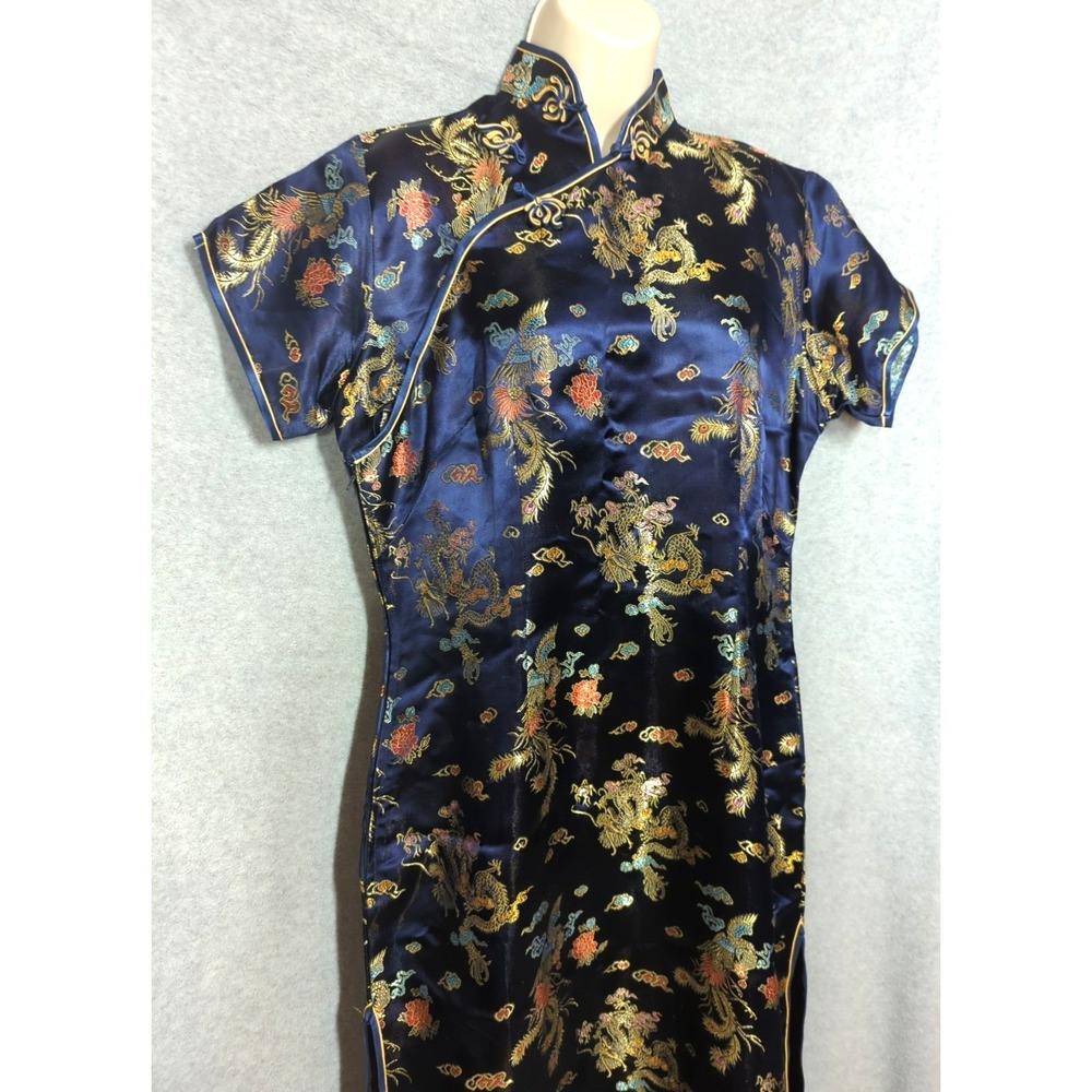 Vintage Jin Feng Cheongsam Dress Size 42 Large Blue Gold Dragons 100% Silk Chic